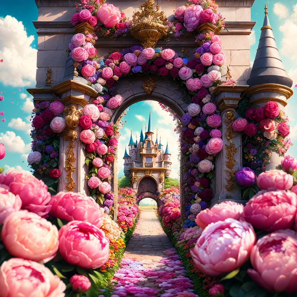 foto (estilo flowergateway:1) A entrada do castelo é cercada por flores, Disney, Peônias