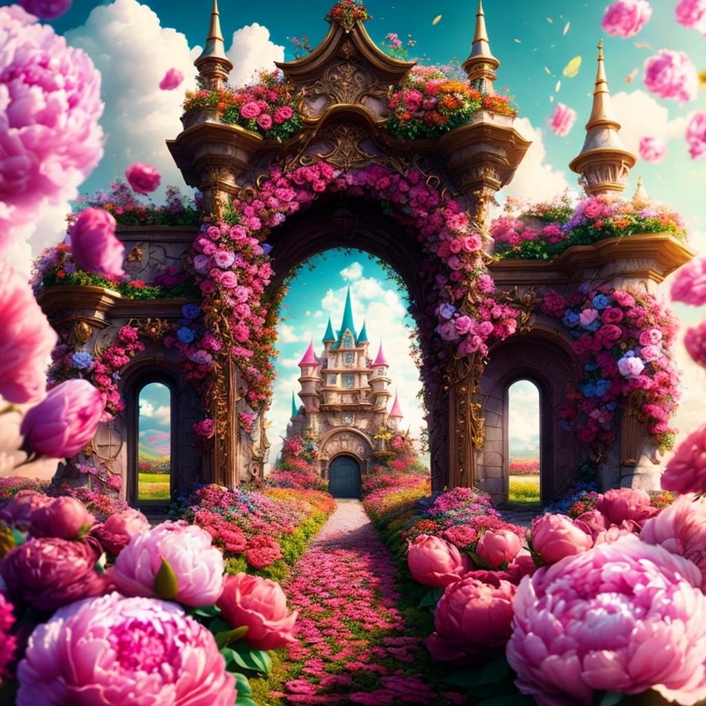 foto (estilo flowergateway:1) A entrada do castelo é cercada por flores, Disney, peônia, cinematic, Surreal, alta definição