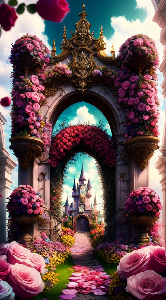 foto (estilo flowergateway:1) A entrada do castelo é cercada por flores, Disney, rosa, cinematic, Surreal, alta definição, tons legais, Gótico escuro