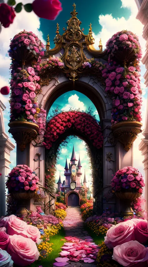 photo (FlowerGateway style:1) The castle entrance is surrounded by flowers, Disney, rose, cinematic, surreal, HD, cool tones, da...