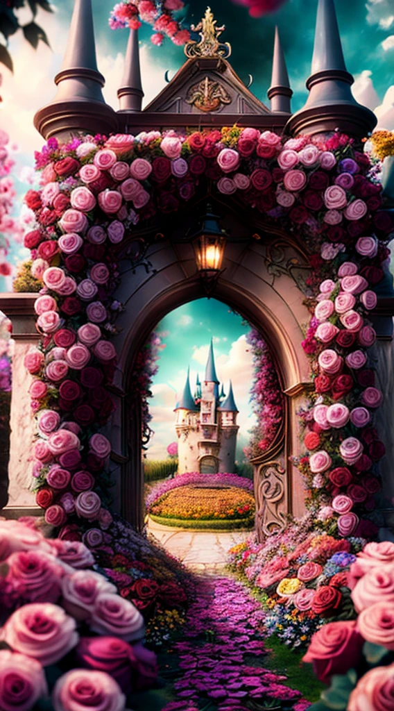 foto (estilo flowergateway:1) A entrada do castelo é cercada por flores, Disney, rosa, cinematic, Surreal, alta definição, tons legais, Gótico escuro