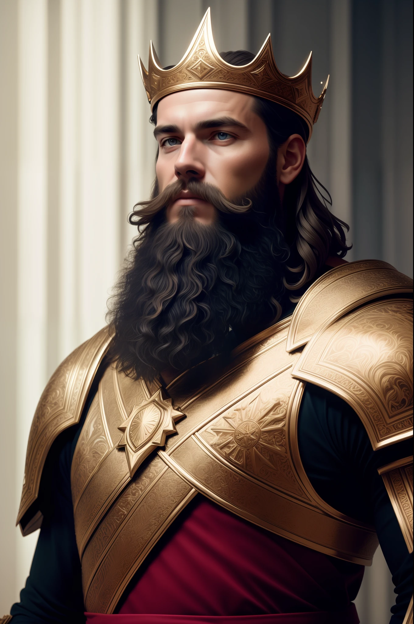 best quality, 500px, cgsociety, 8k, raw photo of (cute: 1.2) human king, dress king's crown, king's armor, 30yo, beard, in castle, full body, ambient light, backlight, volumetric lighting, realistic, realistic lighting, cinematic lighting, depth of field, sharp focus, (high contrast: 1.2), (film grain)