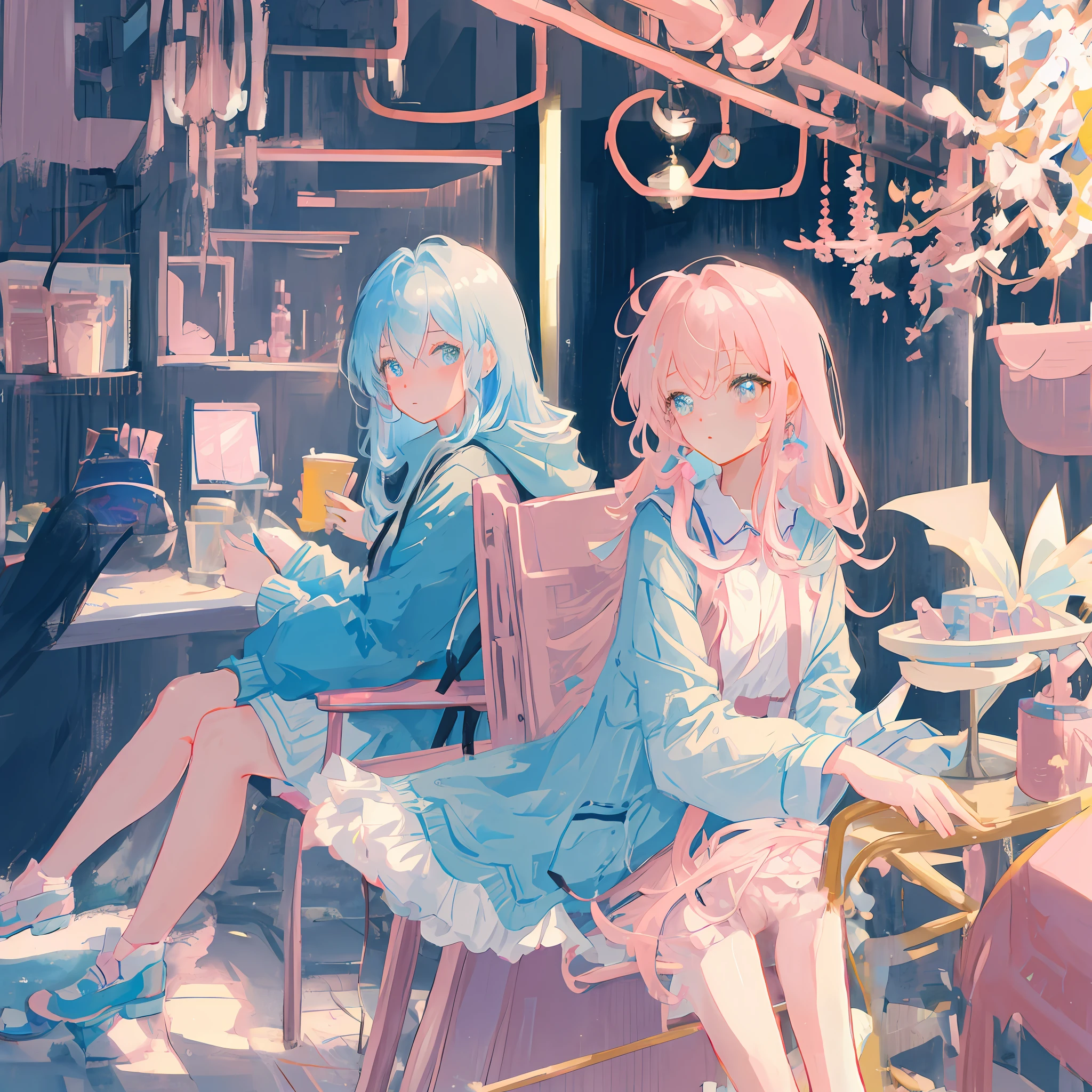 Anime - style image of two girls sitting in a cafe with a cup of coffee -  SeaArt AI