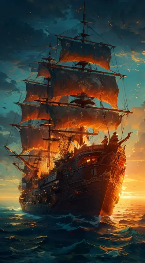 painting of a ship in the ocean with a sunset in the background, detailed cover artwork, amazing wallpaper, pirate ship, old pirate ship, gothic ship on ocean, 4k highly detailed digital art, burning ships, inspired by gaston bussiere, by Roman Bezpalkiv, detailed painting 4 k, by Arthur Pan, by Aleksander Gine