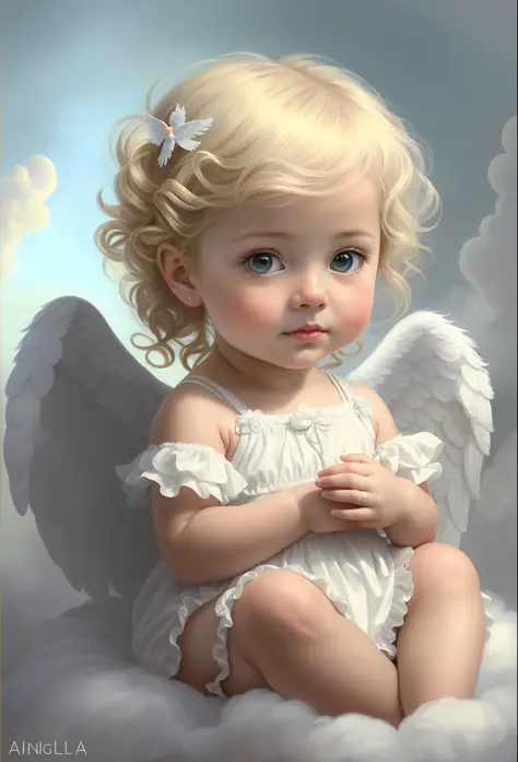 painting of a little girl with angel wings sitting on a cloud, beautiful angel, of beautiful angel, of an beautiful angel girl, portrait of a beautiful angel, angel girl, adorable digital painting, beautiful angel girl portrait, angel, angel-themed, cherub, full of paintings of angels, angelic face, angelical, angel face, beautiful female angel, angels