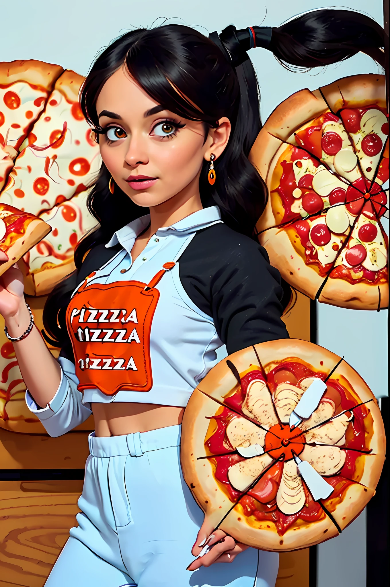 (masterpiece), (best quality), HDR, intricate detail, 1girl, individual focus, woman, light brunette white skin, skindentation, perfect face, gorgeous face, big eyes, orange eyes, perfect eyes, eyelashes, black hair absurdly long high ponytail, (((pizza delivery))), pizza box, employee badge, orange shirt with light blue, (((pizza delivery outfit)), hair ornament,  Earrings