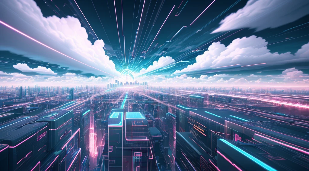 A neon floating city, surrounded clouds, Surrealism, Constructivism, Abstractionism, depth of field, motion blur, chromatic aberration abuse, masterpiece, high details, award winning, 8k