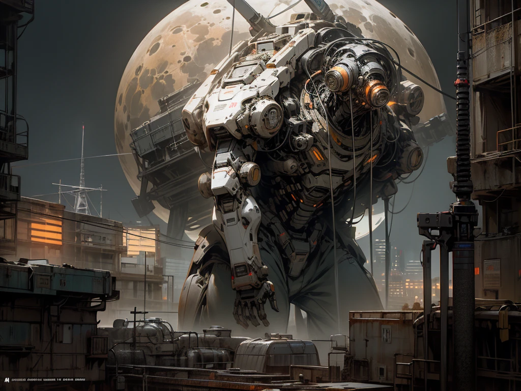 On the moon,barren planets, ruins, holding_weapon, no_humans, glowing, robot, building, glowing_eyes,orange mecha, science_fiction, city, realistic,mecha,Milky Way Galaxy background,neon,cyberpunk,steampunk chrome white black