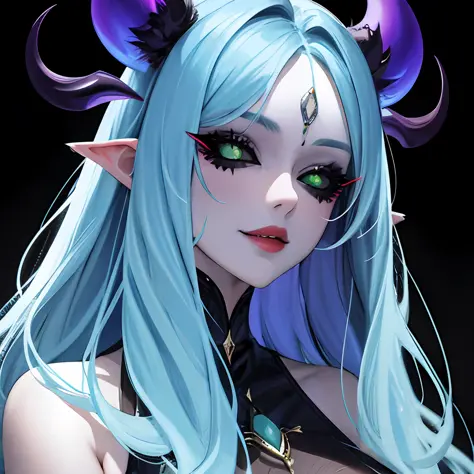 1girl, demon girl, demonic horns, blonde, very long hair, blue dress, ((black sclera, colored sclera)), looking at the viewer, s...