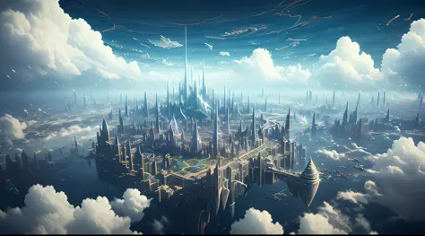 A fantasy floating city, surrounded clouds, Surrealism, Constructivism, Abstractionism, depth of field, motion blur, chromatic a...