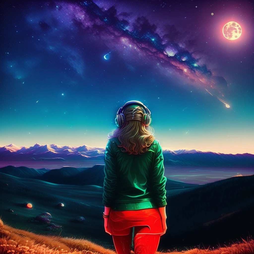 有一個女人戴著耳機站在山上, 女孩看著空間, 背景是無盡的宇宙, 看著月亮, 眺望宇宙, 看著滿月, 聆聽神聖的音樂, 站在外太空, 太空中的女孩, 伴隨著音樂的共鳴, 晚上看星星, 坐在宇宙雲景上