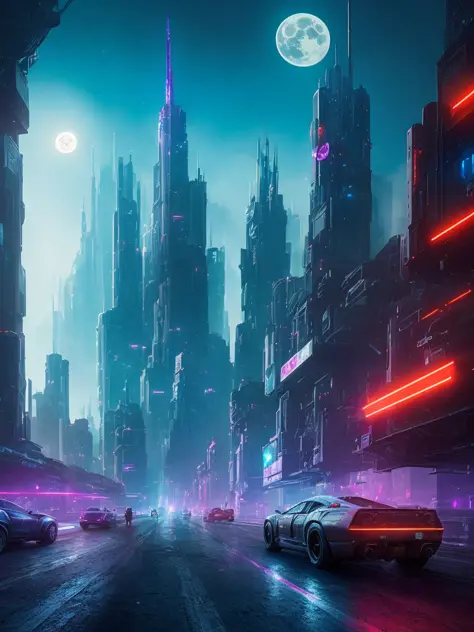 (highly detailed:1.2),(best quality:1.2),(8k:1.0),(emb-rrf-low:1.0),sharp focus,(award-winning photograph:1.2), (subsurface scattering:1.1), Futuristic cityscape with towering skyscrapers, neon-lit streets, flying cars, holographic billboards, and a full m...