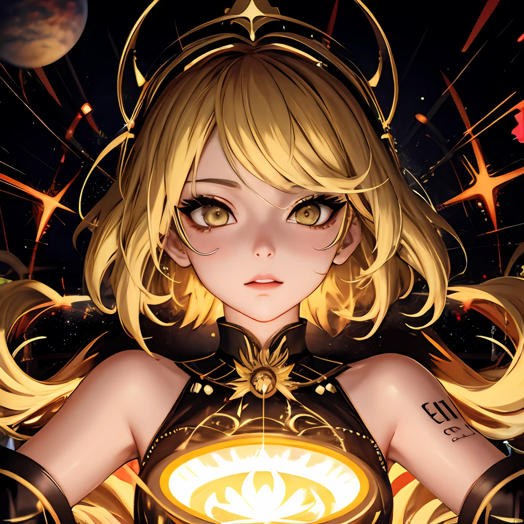 ((close)), 1 girl, ((dramatic pose)), ((Goddess of the multiverse)), looking at the viewer, ((Kagamine Rin)), ((pov)), white underwear panties, skirt, yellow eyes, (blonde), yellow short hair, fantastic eyelashes, ((ultra detailed eyelashes)), Goddess Long Dress, Thin, Dark Fantasy, destruction, (((psychedelic art, ultra detailed, ultra realistic face, cinematic, best quality, hard lighting, concept art, illustration, 4d, 16k) )), splash art 500,  Chaos 750, galaxy, stars, planets in the background, psychedelic colors, ((explosion of colors))