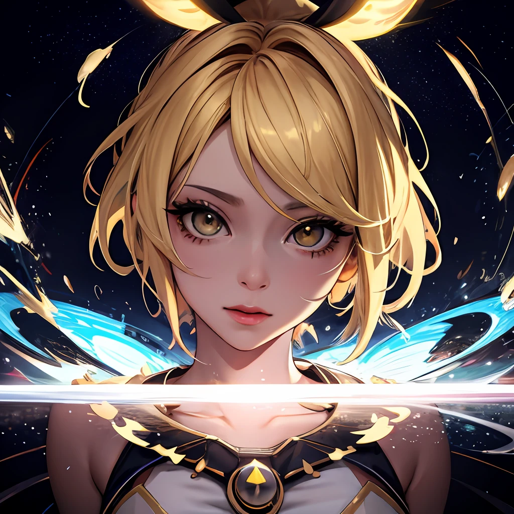 ((close)), 1 girl, ((dramatic pose)), ((Goddess of the multiverse)), looking at the viewer, ((Kagamine Rin)), ((pov)), white underwear panties, skirt, yellow eyes, (blonde), yellow short hair, fantastic eyelashes, ((ultra detailed eyelashes)), Goddess Long Dress, Thin, Dark Fantasy, destruction, (((psychedelic art, ultra detailed, ultra realistic face, cinematic, best quality, hard lighting, concept art, illustration, 4d, 16k) )), splash art 500,  Chaos 750, galaxy, stars, planets in the background, psychedelic colors, ((explosion of colors))
