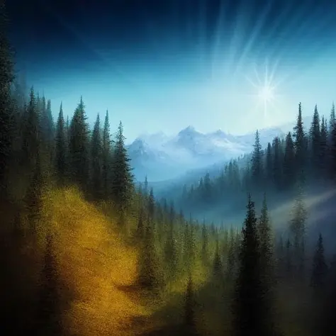 a painting of a mountain scene with a sunbeam and trees, forest ray light, sky forest background, bright forest, mystical forest...