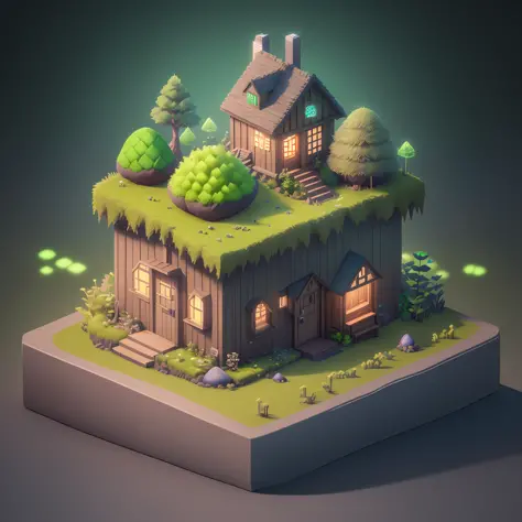 (isometric 3D), (masterpiece), (extremely detailed CG unity 8k wallpaper), (best quality), (best illustration), (best shadow), cute moss-covered turnip hut, octane render, ray tracing, ultra detailed with glowing windows and neon lights in a dark room, dig...