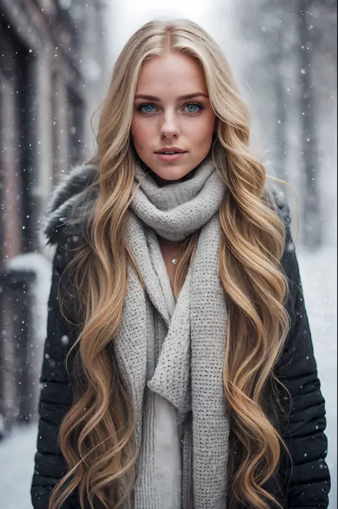 professional portrait photograph of a gorgeous Norwegian girl in winter clothing with long wavy blonde hair, sultry flirty look,...