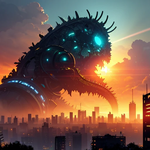 (silhouette), glowing, dead buildings, huge monster, ((colossal broken cyborg)), ruins, broken, (destroyed cyborg, leaves, tentacles, monster, horrible creature), ((mechanical)), (worm), mystical abomination , broken buildings, orange sky, clouds, smoke, vines, foliage around buildings, huge vines, leaves, post-apocalypse, ruins, light flare, sun flare, lens flare, light particles