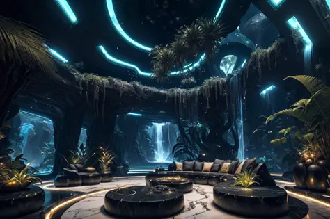incredible black luxurious futuristic interior in Ancient Egyptian style with many (((lush plants))) (lotus flowers), ((palm tre...