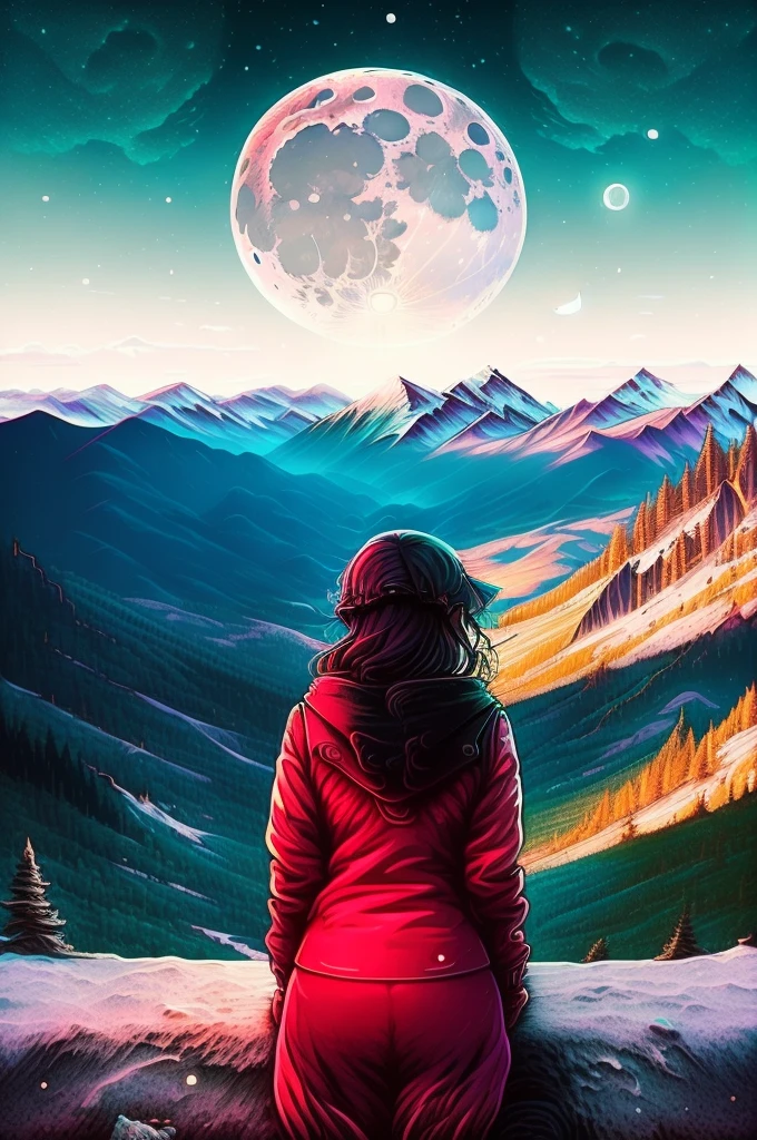 there is a woman that is looking at the moon, listening to godly music, looking at the moon, high in mountains, girl standing on mountain, looking at the full moon, looking at the mountains, background artwork, inspired by Cyril Rolando, sitting on a moon, vibing to music, in front of a big moon, girl looks at the space