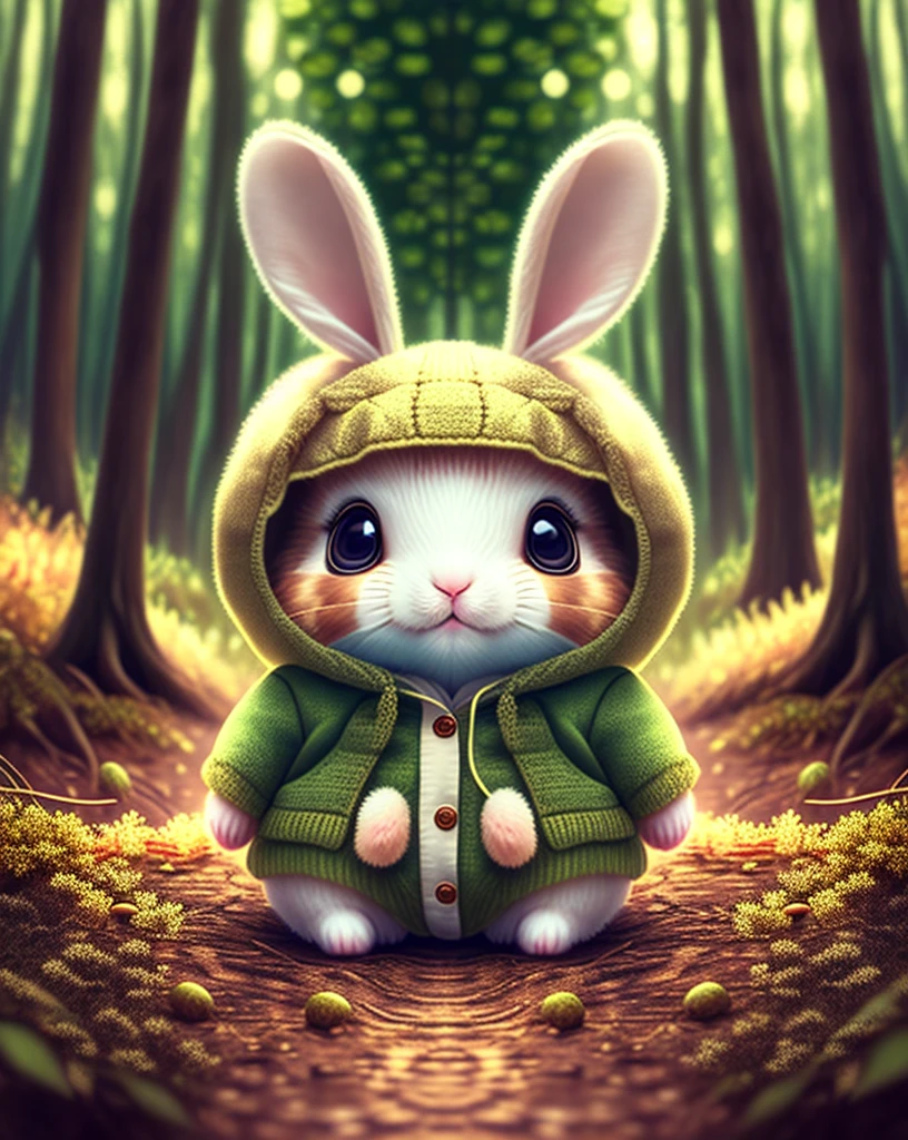 숲속에 옷을 입은 귀여운 작은 토끼