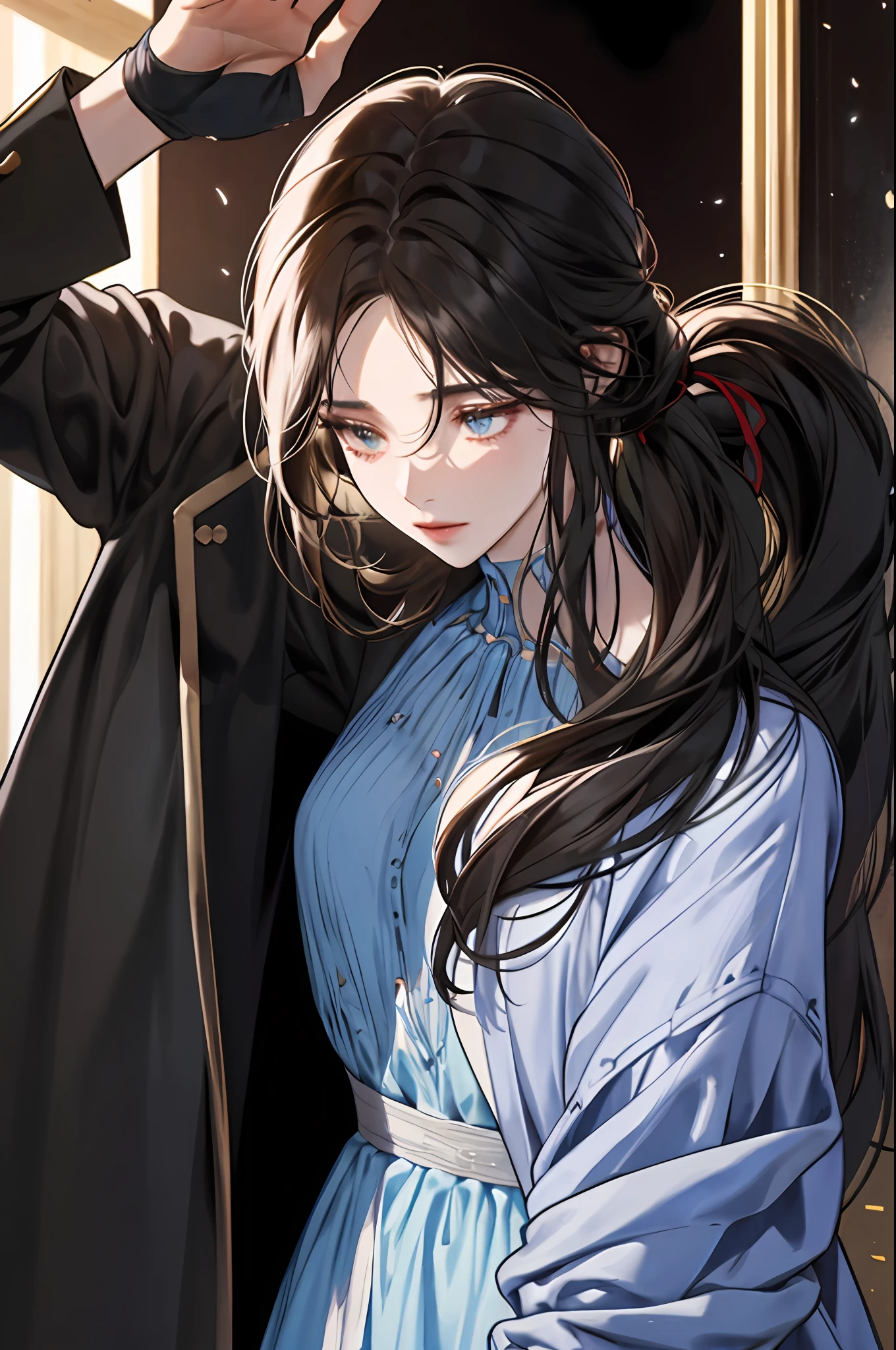 Anime girl with long black hair and blue dress holding a knife - SeaArt AI