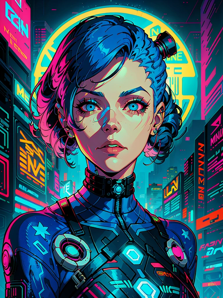 ein digitales Gemälde einer Frau mit blauen Haaren, cyberpunk art by Josan Gonzalez, Gewinner des Behance-Wettbewerbs, Afrofuturismus, Synthwave, Neon, glowing Neon