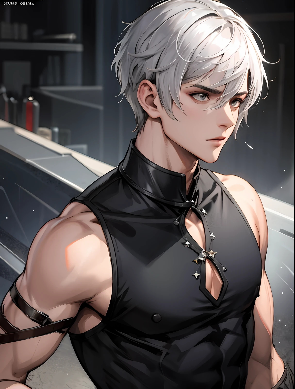 ((POV)), (1male), adult, male, murderer, standing still, ((solo)), (forehead), (buzzcut:0.8), short bangs, hair between eyes, voluminous short hair, silver hair, handsome, serious, silver-eyed, ((sleeveless black blouse)), buttons, wide trapeze, bare shoulder, square chin, square head, random art, ((black cover with brox)), (muscular), (muscular arm:1.3), dark fantasy, medieval, ((ultra detailed face,  cinematic, ultra detailed, concept art, illustration 4d, 16k))