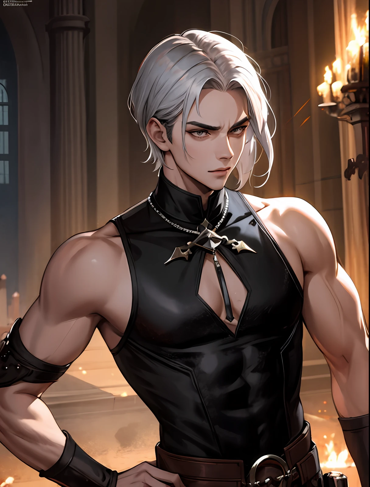 ((POV)), (1man), adult, ((male)), murderer, standing still, ((solo)), (forehead), (buzzcut:0.8), short bangs, hair between eyes, voluminous short hair, silver hair, handsome, serious, silver eyes, ((sleeveless black blouse)), buttons, wide trapeze, bare shoulder, square chin, square head, random art, ((black cover with broxe:1.3)), (muscular), (muscular arm:1.3), dark fantasy, medieval, medieval city,  ((ultra detailed face, cinematic, ultra detailed, concept art, 4d illustration, 16k))