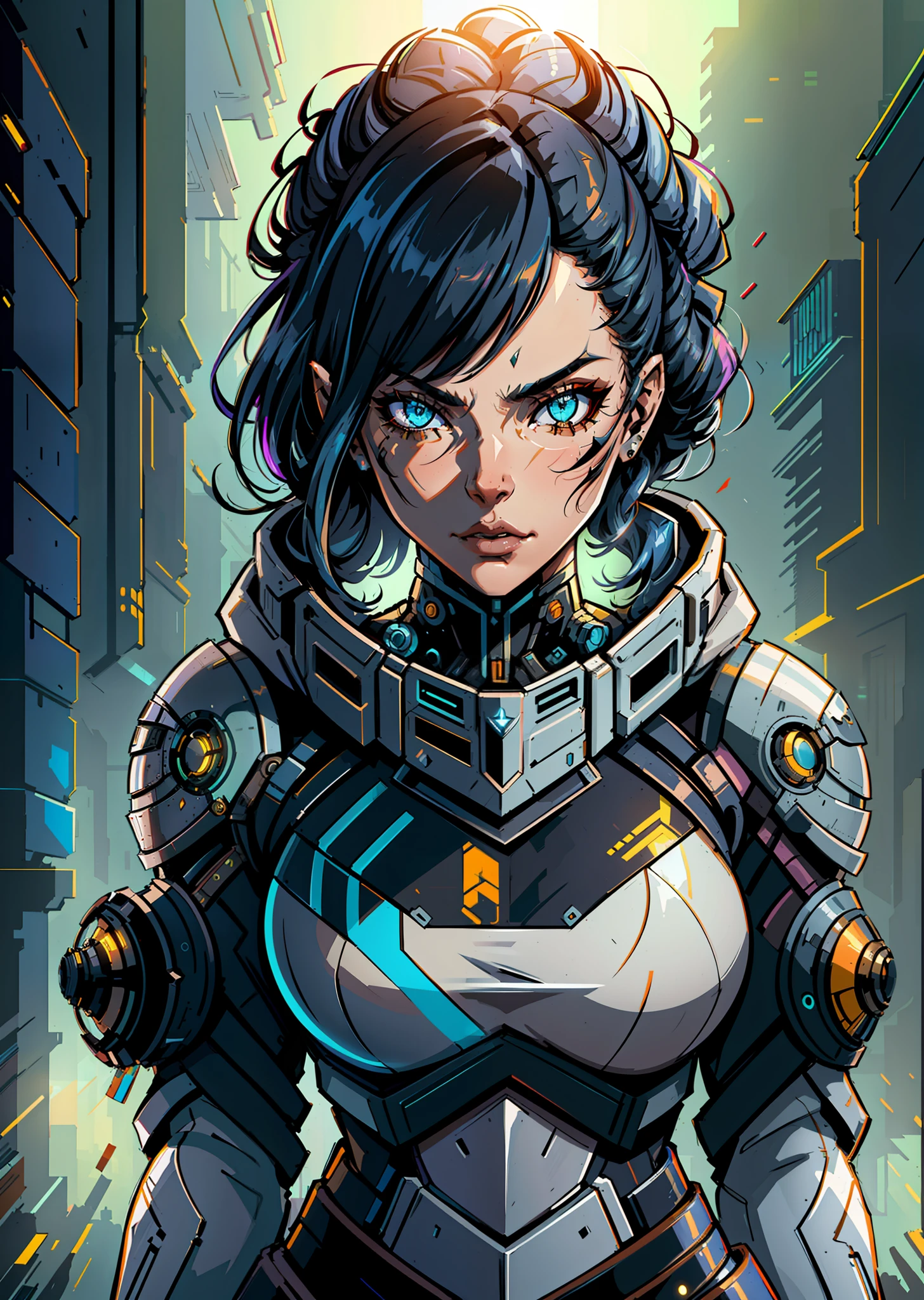 entintado, Foto de retrato galardonada de una caballero futurista, vistiendo ropa urbana intrincada cyberpunk, (contraluz:1.3), pintura digital, Arte conceptual, Liso, enfoque nítido, Regla de los tercios, detalles intrincados, tiro medio, (poca profundidad de campo:1.1), por Sandra Chevrier, Estilo-Psicosis