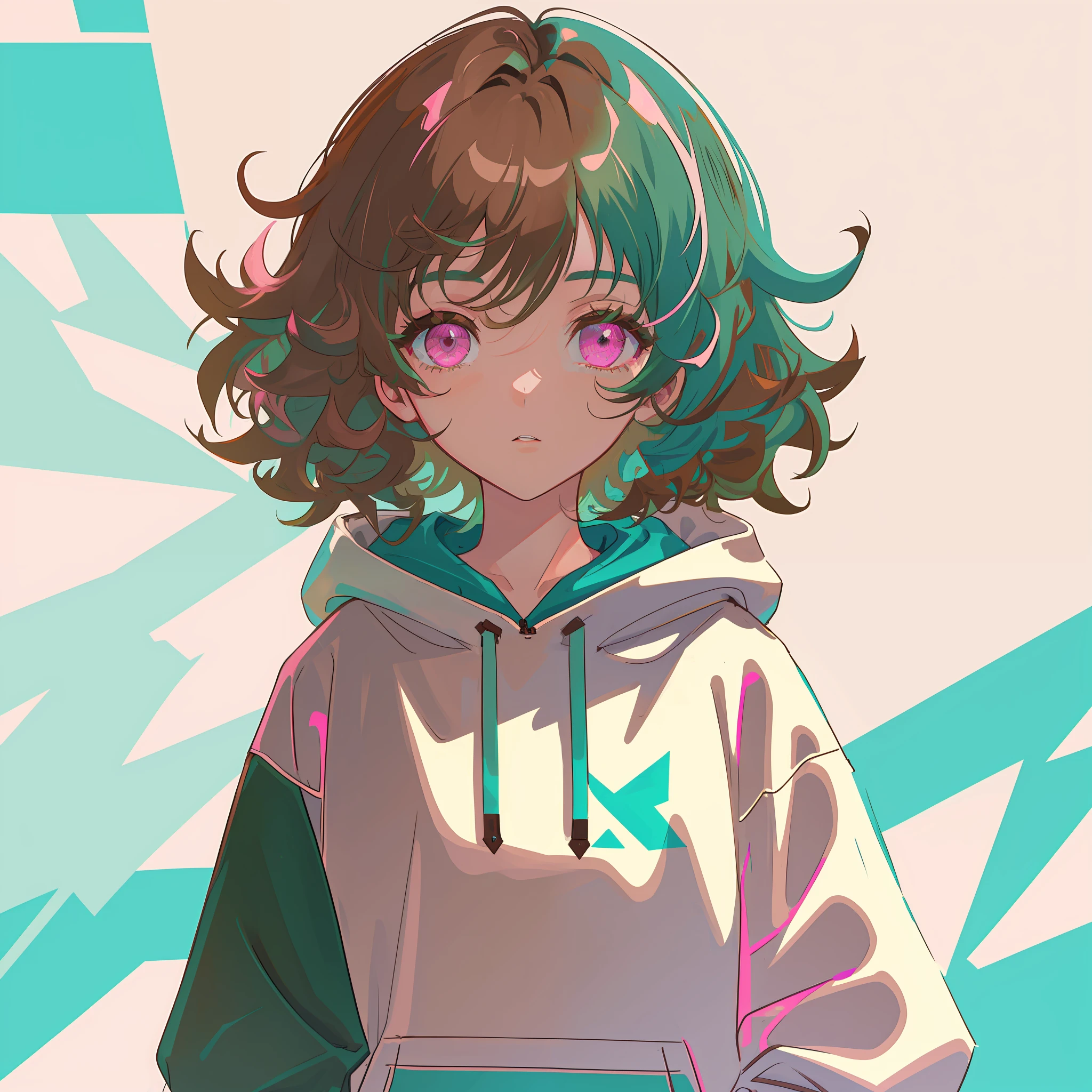 1girl, solo, solo focus, cowboy shot, portrait, oversized hoodie, aqua green and white hoodie, half aqua, half green, ((brown short hair)), curly hair, ((pink eyes)), hyperdetailed eyes, tan, (dark skin:0.7), best quality, ultra-detailed, white background, simple background