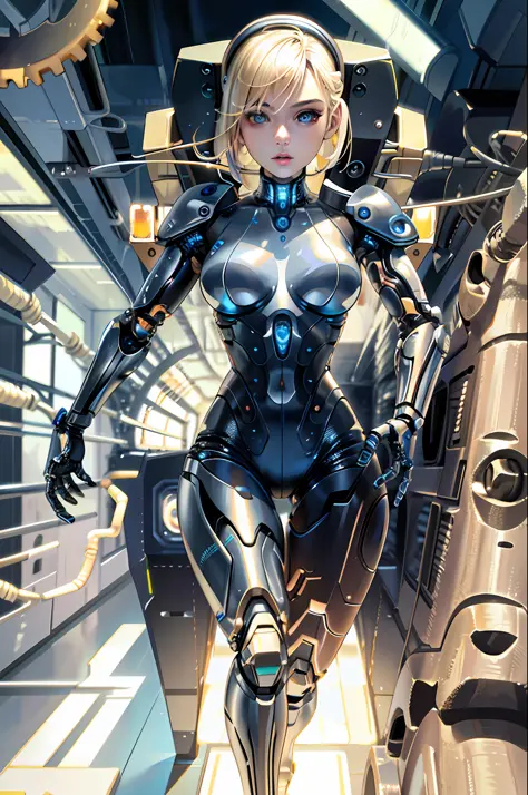 A biomechanical blonde girl with ultra high resolution cybernetic body, (photorealistic: 1.4), (masterpiece, top quality, best q...