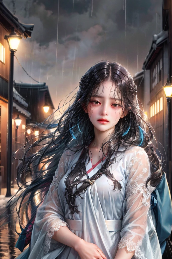 (absurd, highres, ultra detailed), 1girl, solo, mature, (very long hair, black hair, bangs: 1.4), long dress, long sleeves, colorful, highest detail, upper body, 21st century, girl of today, scenery city of korea, at night, night scenery, with many buildings and lights, she crying in the rain, really sad, her expression on her face is very painful,  Completely black hair with tears down her cheeks, expression on her face really painful, very sad eyes