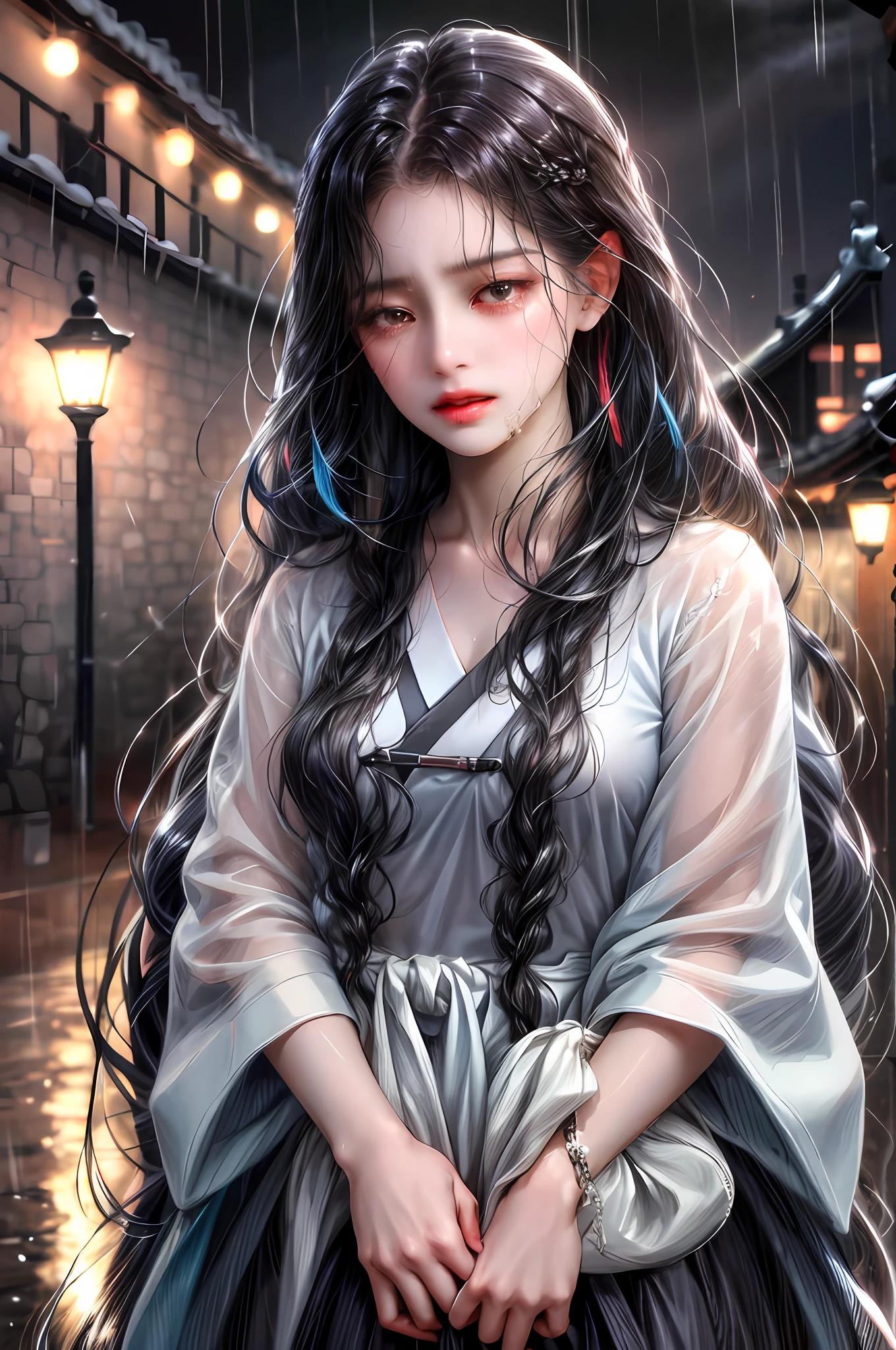 (absurd, highres, ultra detailed), 1girl, solo, mature, (very long hair, black hair, bangs: 1.4), long dress, long sleeves, colorful, highest detail, upper body, 21st century, girl of today, scenery city of korea, at night, night scenery, with many buildings and lights, she crying in the rain, really sad, her expression on her face is very painful,  Completely black hair with tears down her cheeks, expression on her face really painful, very sad eyes