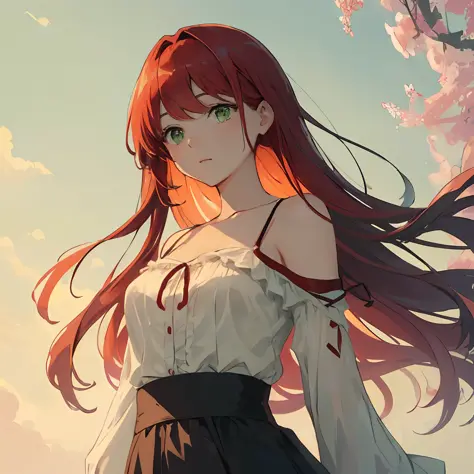 in the style of loundraw, create a gentle and atmospheric illustration of a cute girl with long flowing red hair, captivating gr...