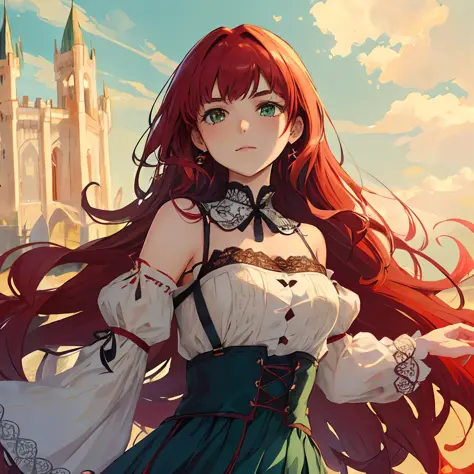 emulate greg rutkowski's fantastical art style to create a whimsical illustration of a cute girl with flowing red hair, captivat...