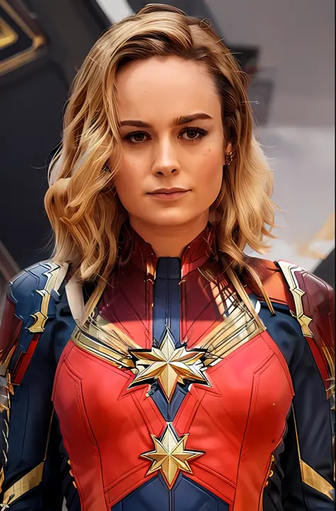 brie larson, medium hair, full body portrait, wearing captain marvel outfit, sexy, cleavage, breasts showing