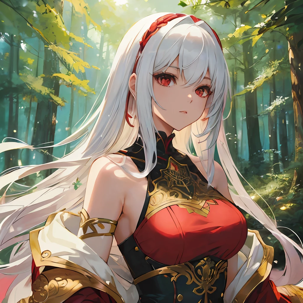 Inspired by (Artgerm's) masterful use of colors and styles, depict a mesmerizing scene featuring a girl with long white hair, light red eyes, and fair skin. Surround her with a lush and enchanting forest landscape, with vibrant shades of green and touches of floral colors. Use a combination of soft and bold lighting to create depth and dimension in the illustration. Incorporate intricate textures to bring out the beauty and intricacies of her hair, capturing the essence of (Artgerm's) attention to detail and artistic flair artstation.