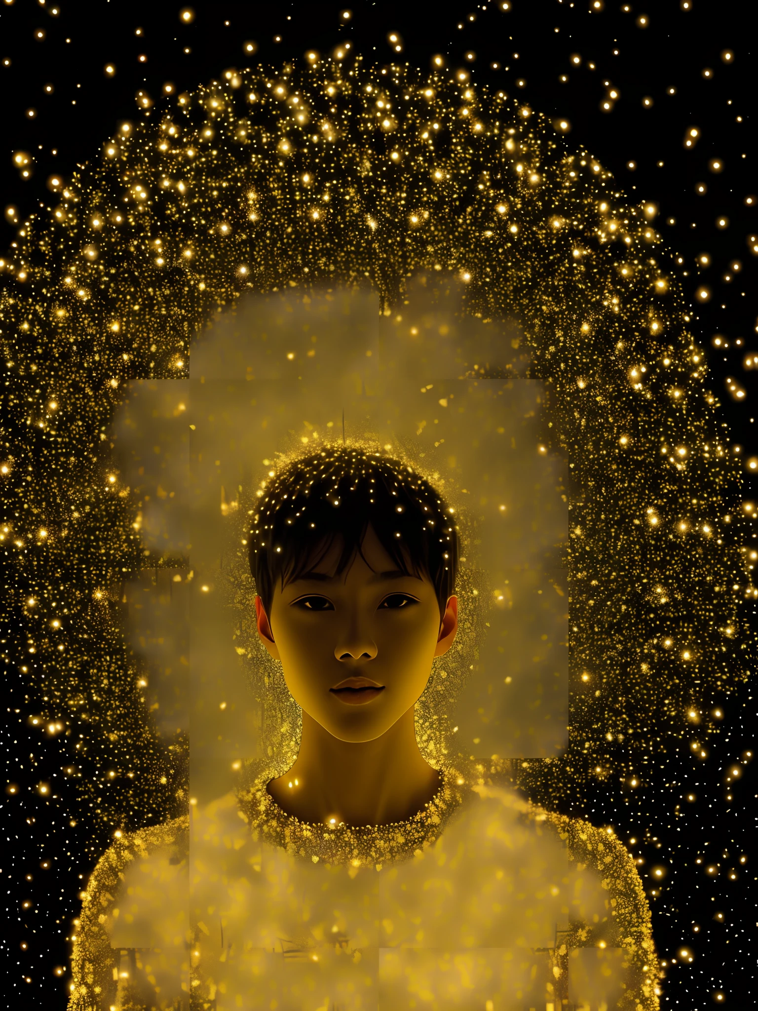 A person made of fireflies, surrounded by fireflies.