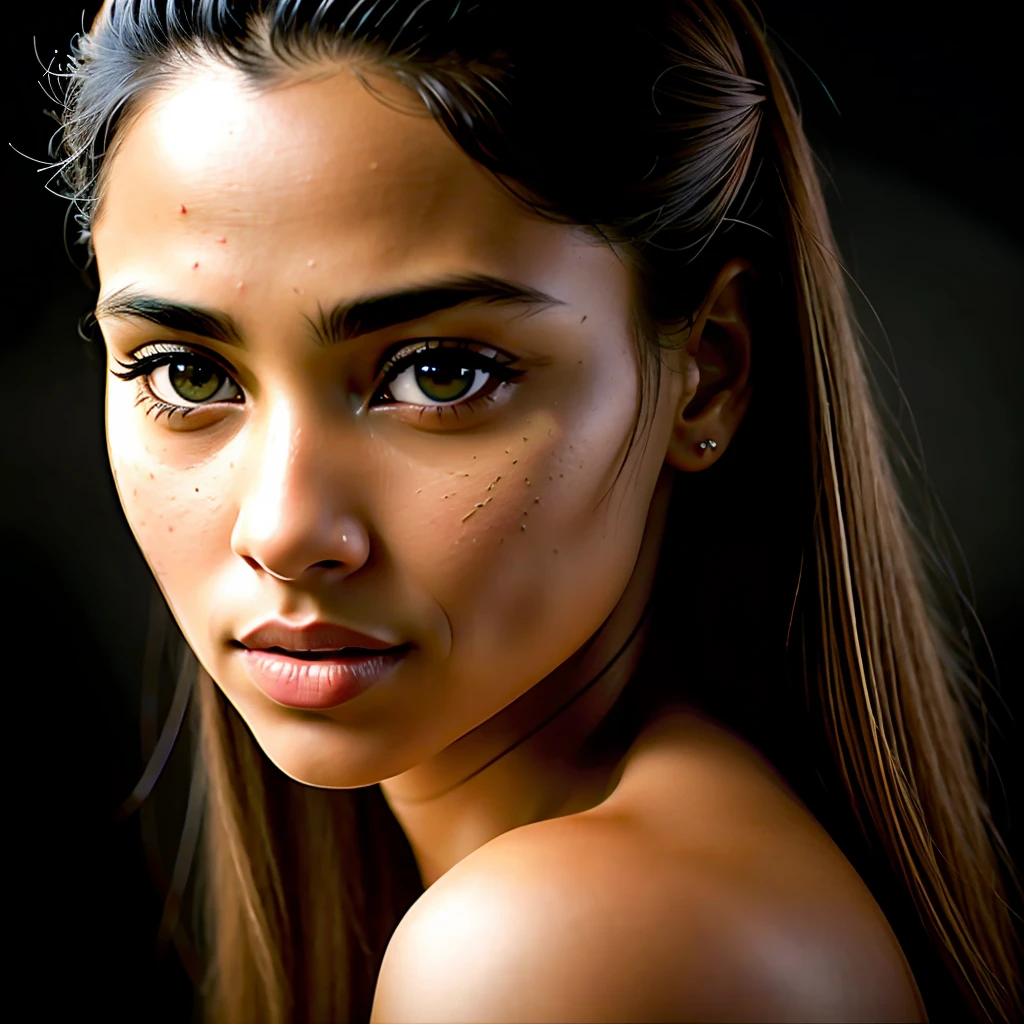 a photorealistic portrait of a stunningly beautiful tanned polynesian woman without light make-up, extremely detailed light green eyes, detailed symmetric realistic face, extremely detailed natural texture, peach fuzz, windy long hair, masterpiece, absurdres, award winning photo by lee jeffries, nikon d850 film stock photograph, kodak portra 400 camera f1.6 lens, extremely detailed, amazing, fine detail, rich colors, hyper realistic lifelike texture, dramatic lighting, unrealengine, trending on artstation, cinestill 800 tungsten, looking at the viewer, photo realistic, RAW photo, TanvirTamim, high quality, highres, sharp focus, extremely detailed, cinematic lighting, 8k uhd,-imagine -