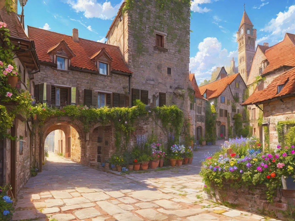 (manor), building, (wine), (flower gardern), italy, village, clean, masterpiece, paved roads, best quality, (realistic, painting style), blue sky, clouds