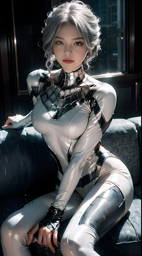(Extreme Detail CG Unity 8K wallpaper, masterpiece, highest quality), (Exquisite lighting and shadow, highly dramatic picture, Cinematic lens effect), a girl in a white Spider-Man costume, silver gray hair color, from the Spider-Man parallel universe, Weng...
