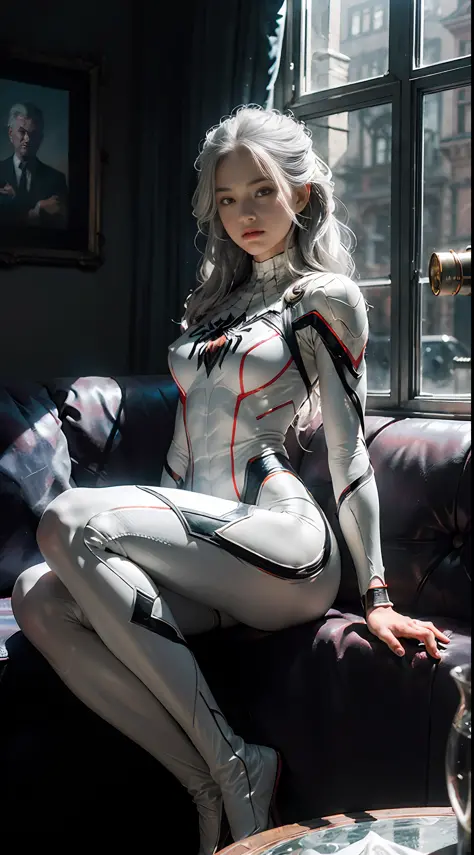 (Extreme Detail CG Unity 8K wallpaper, masterpiece, highest quality), (Exquisite lighting and shadow, highly dramatic picture, Cinematic lens effect), a girl in a white Spider-Man costume, silver gray hair color, from the Spider-Man parallel universe, Wenger, Marvel, Spider-Man, sitting on the couch, dynamic pose), (excellent detail, excellent lighting, wide angle), (excellent rendering, enough to stand out in its class), focus on white Spider-Man costumes, complex spider textures