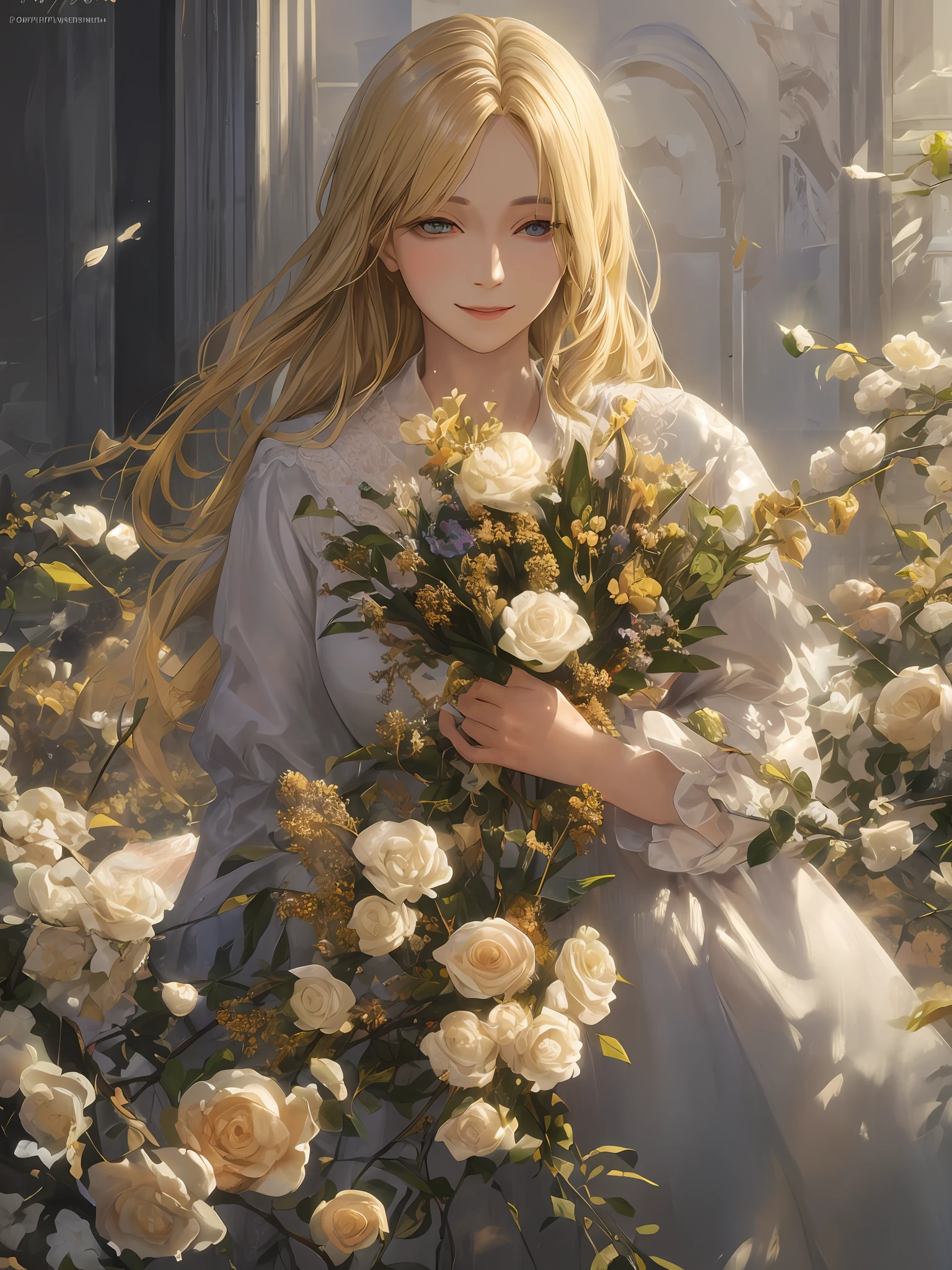 woman, mature,  upper body, holding a bouquet, long blonde hair, best quality, (realistic, painting style), masterpice, elegant, smile, gentle, aristocratic, golden eyes, light rays, soft shadows