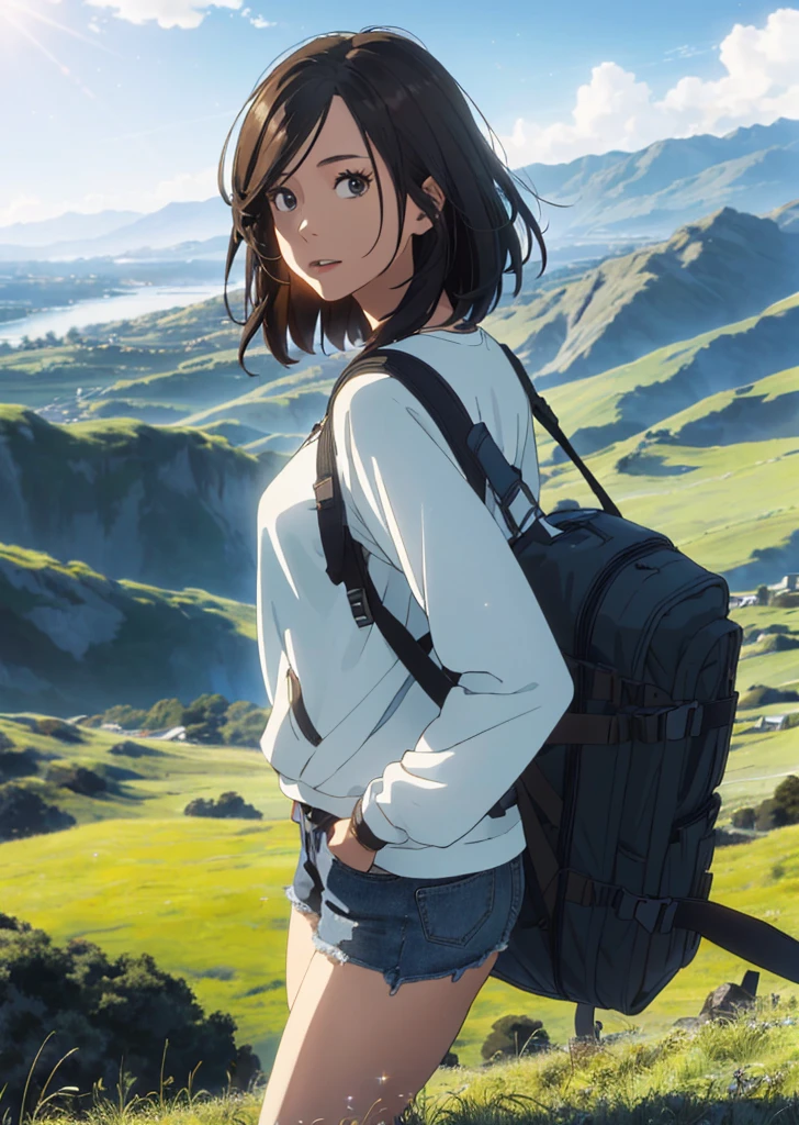 (beautiful and magnificent skyline, majestic sky), (extremely tense and dramatic pictures, moving visual effects), (high hanging Polaris, colorful natural light), (1girl), (long-sleeved top, denim shorts, carrying a backpack), (dynamic pose:1.3, black eyes, black hime-cut hair, sparkling girl)[:0.8], (large grassland), (oncoming breeze), (brown hair and background Coordination effect: 1.2), (close shot, long shot mix and match)[::0.9]