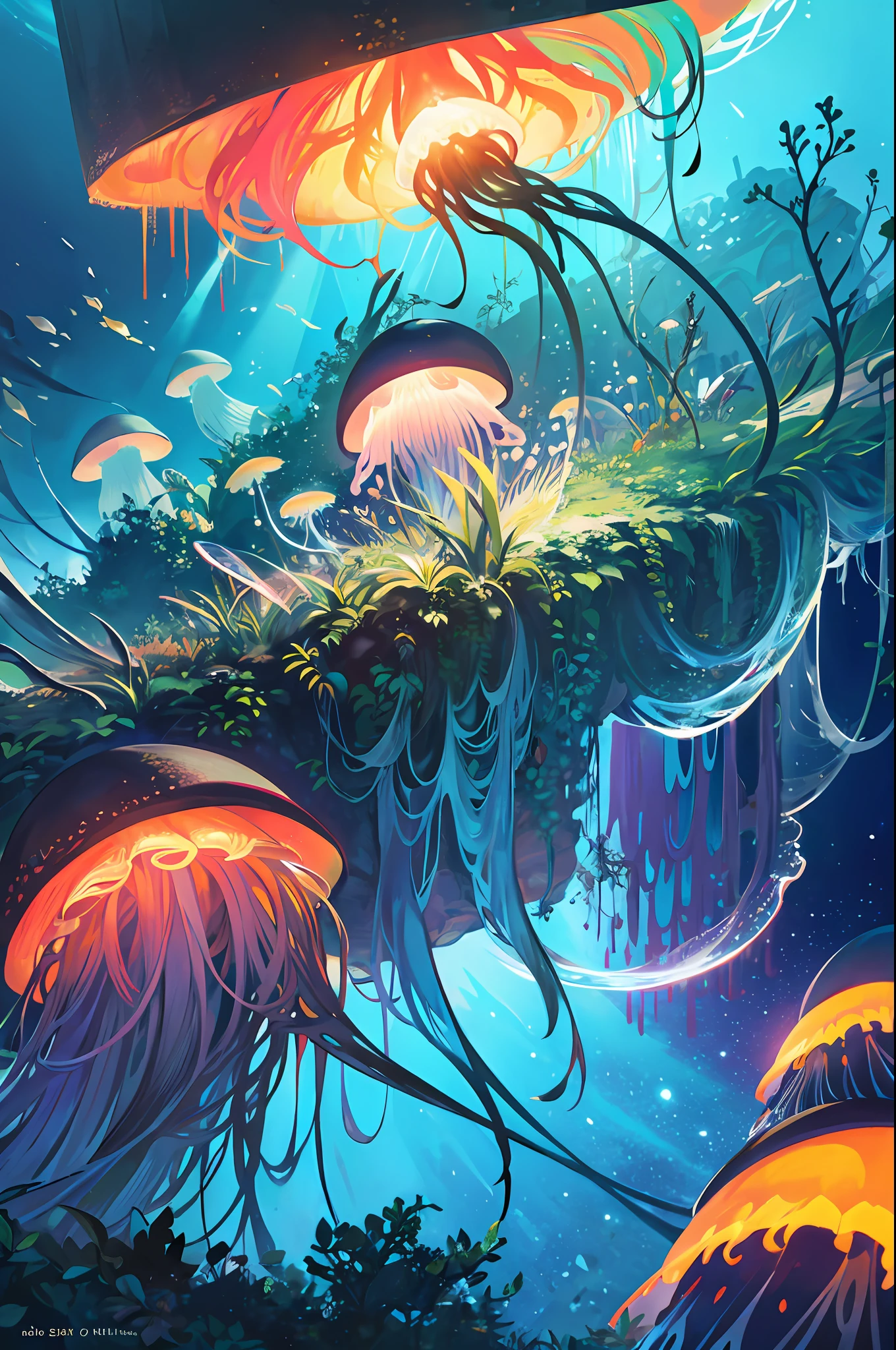 Masterpiece, High Quality, Ocean Forest, City, Fantastic Fantasy, Glowing Plants, Coral Viaduct, (Swarm of Glowing Jellyfish), (Shoal of Fish with Transparent Wings Flying in the Sky), Misty, Extreme Detail, Morning Light, Epic Composition, (Intricate Detail), (Intricate Design, Ultra Detail: 1.2), Art Station, (Masterpiece, Best Quality), Ultra HD, 32k --v 6