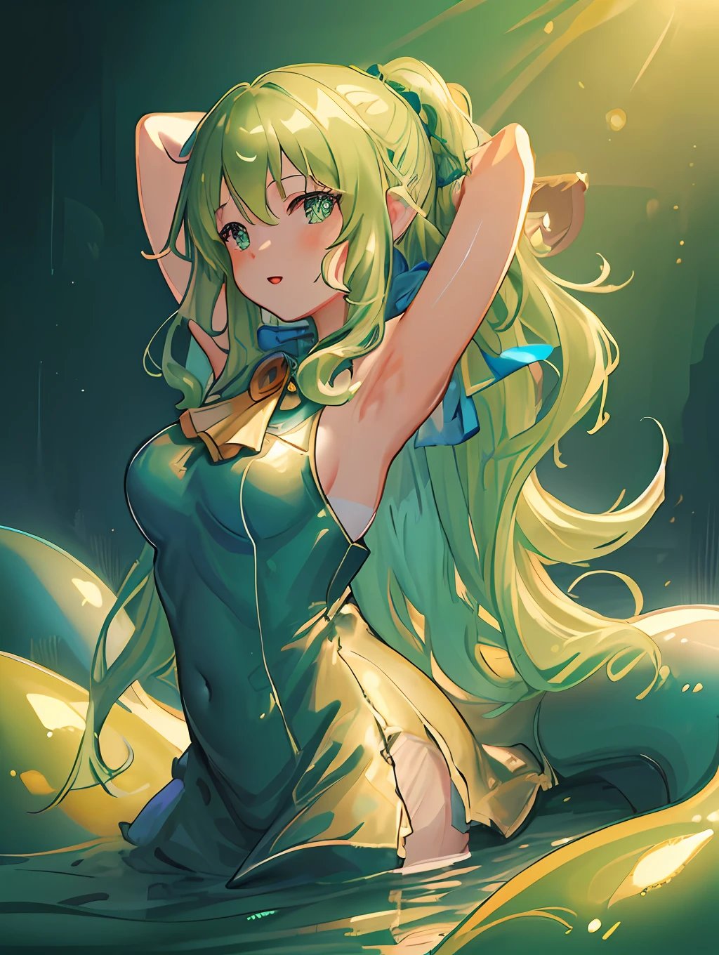 (((masterpiece))), (((illustration))), ((portrait)), ((strong outlines)), profile picture, 1girl, solo, fantasy (slime girl), green slime, arms behind head, water hair, super wavy hair, digital art, art by Mika Pikazo, trending on ArtStation, featured on Pixiv