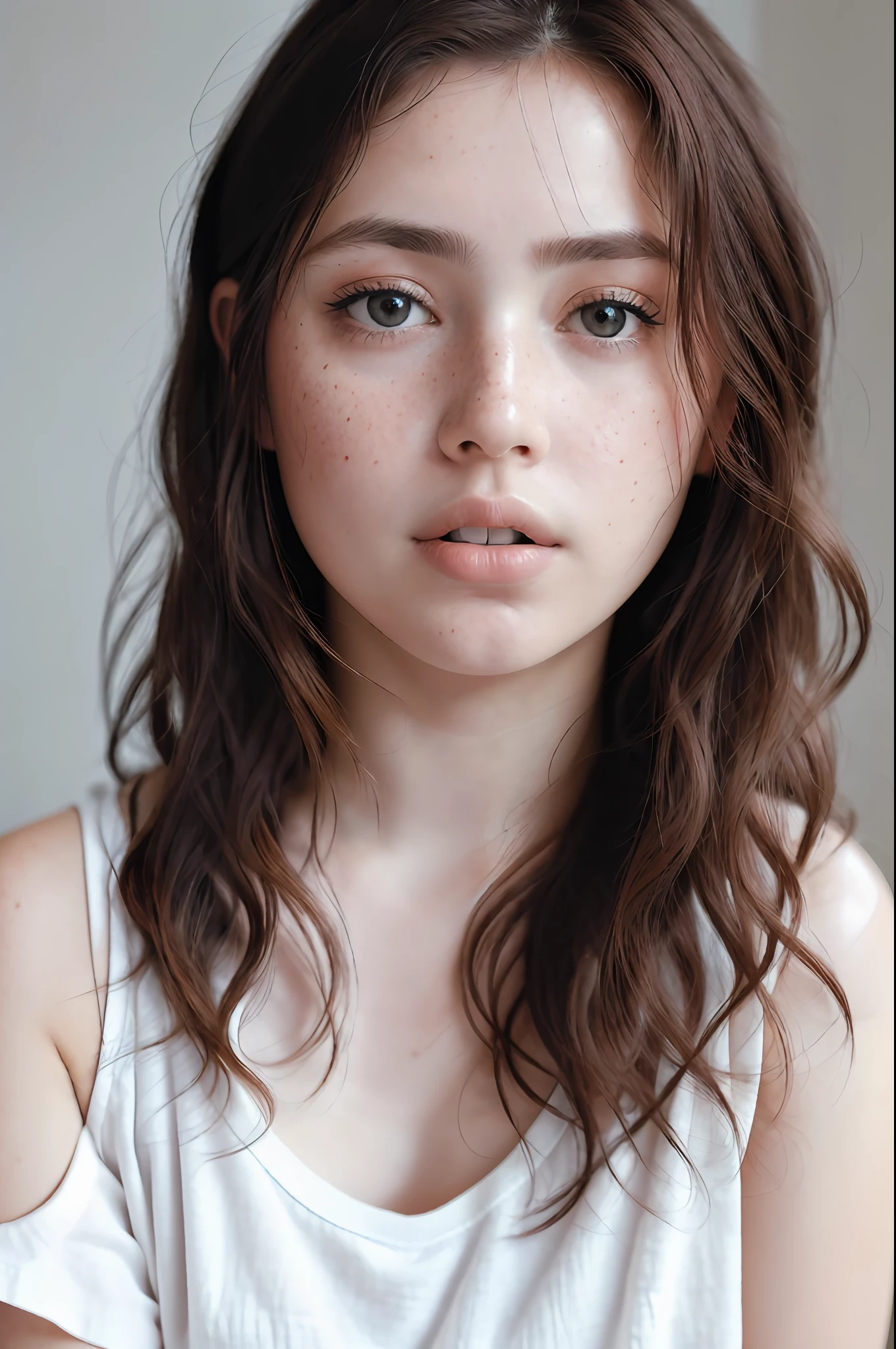 detailed and realistic portrait of a woman with a few freckles, round eyes and short messy hair shot outside, wearing a white t shirt, staring at camera, chapped lips, soft natural lighting, portrait photography, magical photography, dramatic lighting, photo realism, ultra-detailed, intimate portrait composition, Leica 50mm, f1. 4