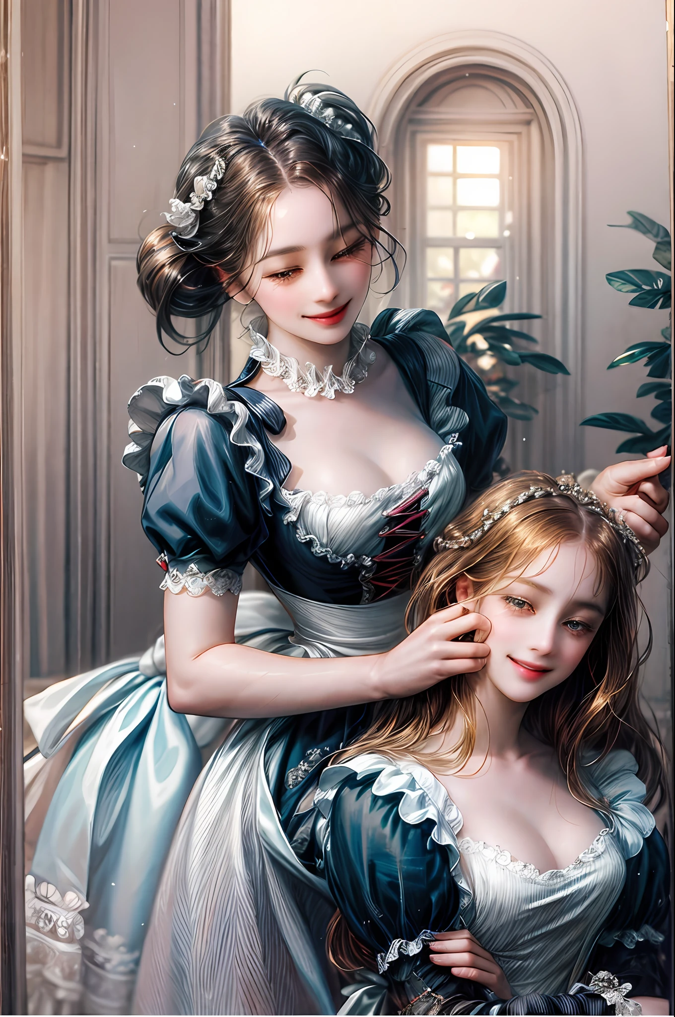 Two girls a maid and a lady the maid helps her change the noble lady smiled happily as the maid helps her