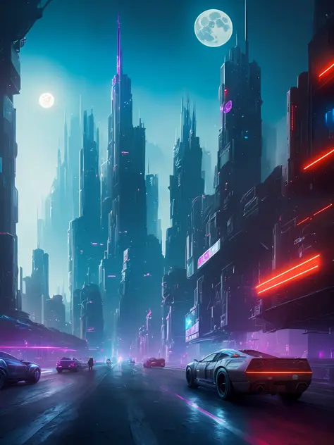 (highly detailed:1.2),(best quality:1.2),(8k:1.0),(emb-rrf-low:1.0),sharp focus,(award-winning photograph:1.2), (subsurface scattering:1.1), Futuristic cityscape with towering skyscrapers, neon-lit streets, flying cars, holographic billboards, and a full moon backdrop, by Robert Broomfield, 3D art, photorealistic, hyper-detailed, dystopian, trending on ArtStation, cinematic lighting, sci-fi, and fantasy.